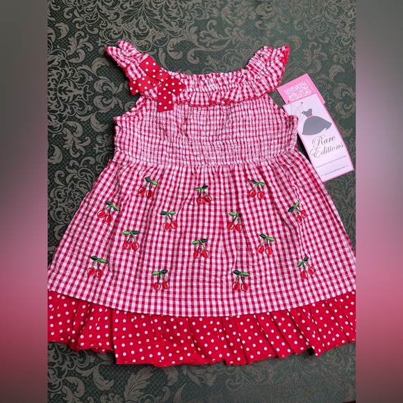 NWT 6x 6 4t 3t Rare Editions smocked bow Red Gingham sun Dress Cherry Embroidery - Picture 1 of 8